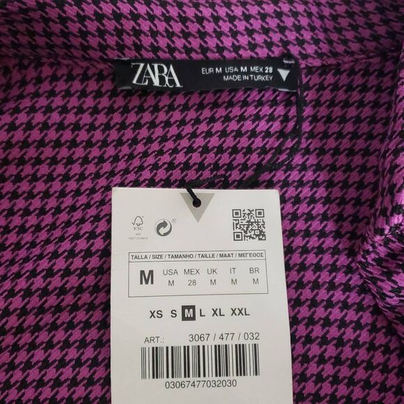 Zara Houndstooth Deep V-neck Long Sleeve Collared Crop Top Size Medium Pink and - Picture 6 of 11